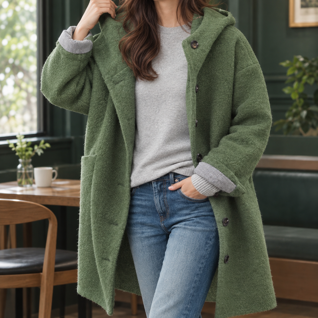 Antonia-Sage Hooded Coat - Bean Green