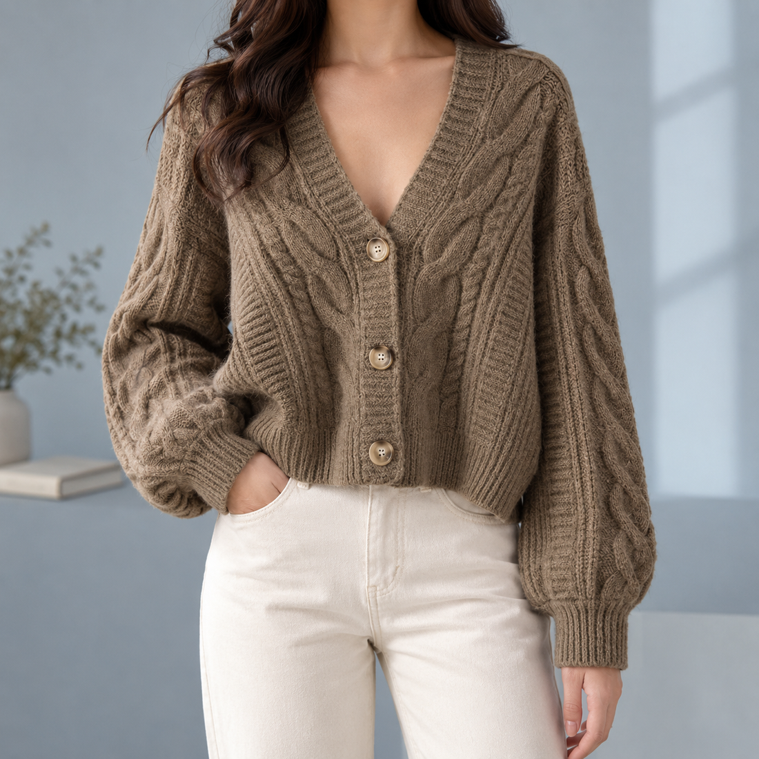 Morwenna-Skye Cable Cardigan - Khaki