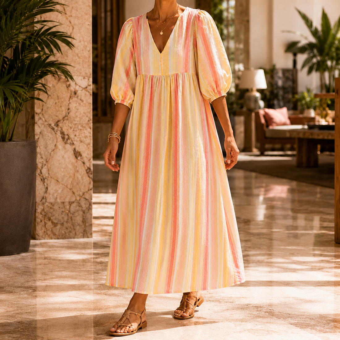 Audrey Striped Midi Dress - Orange