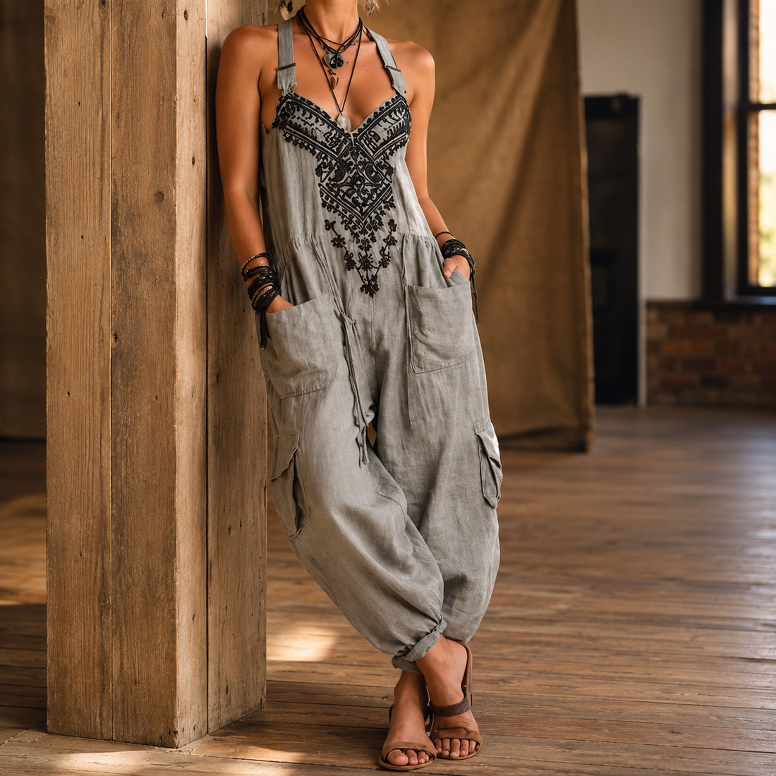 Marina-Pearl Embroidered Jumpsuit - Gray