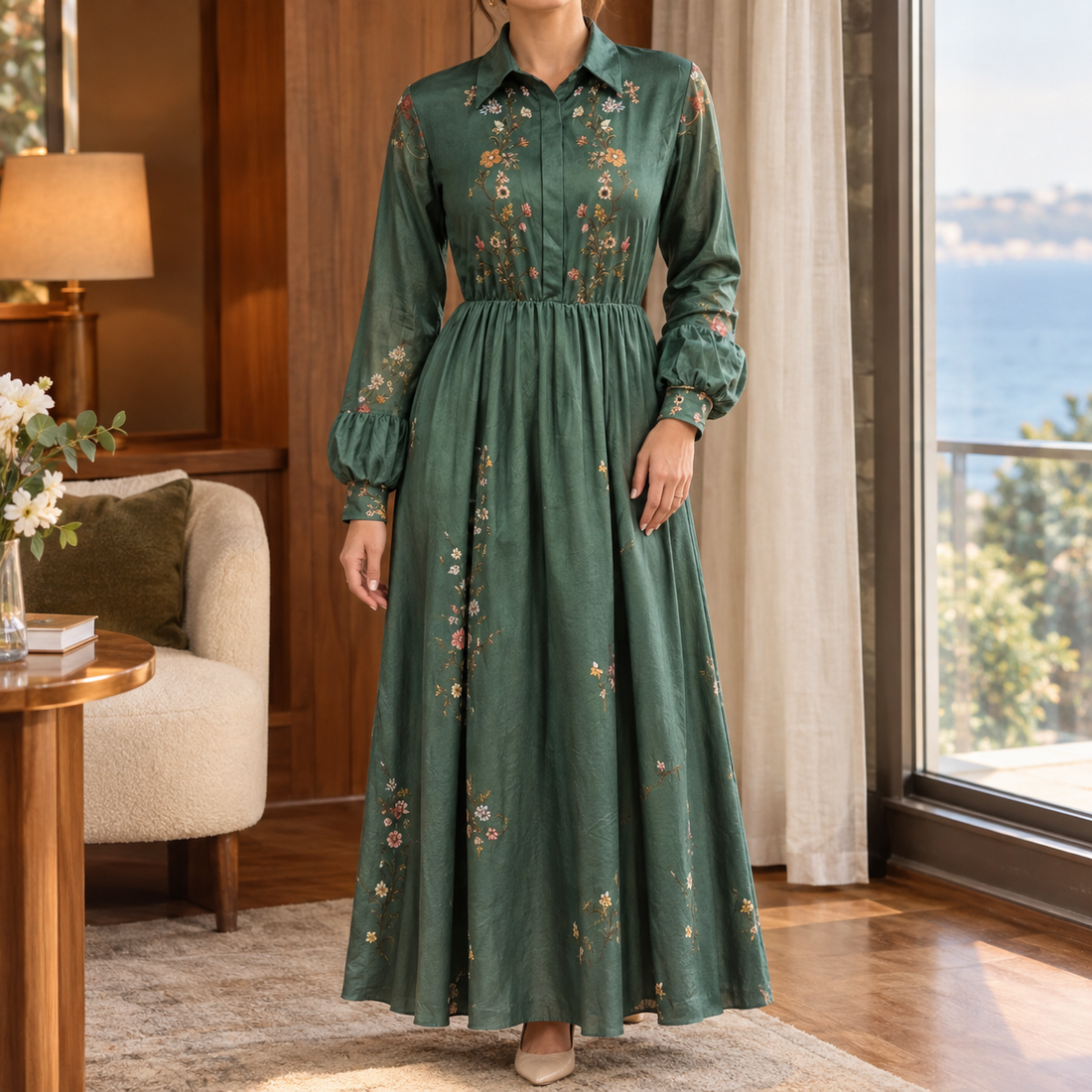 Bronwen-Eve Floral Shirt Dress - Green