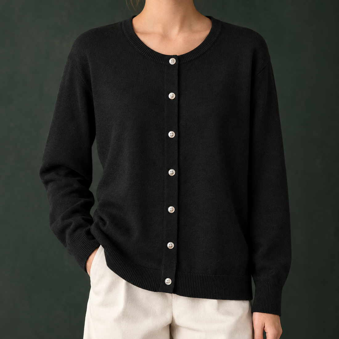 Danielle-Elise Round Neck Cardigan - Black