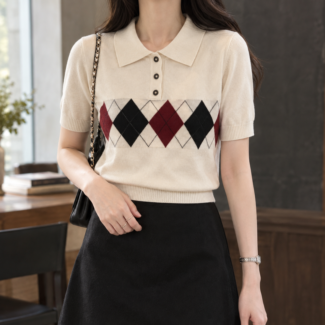 Selma-Pearl Argyle Polo - Apricot