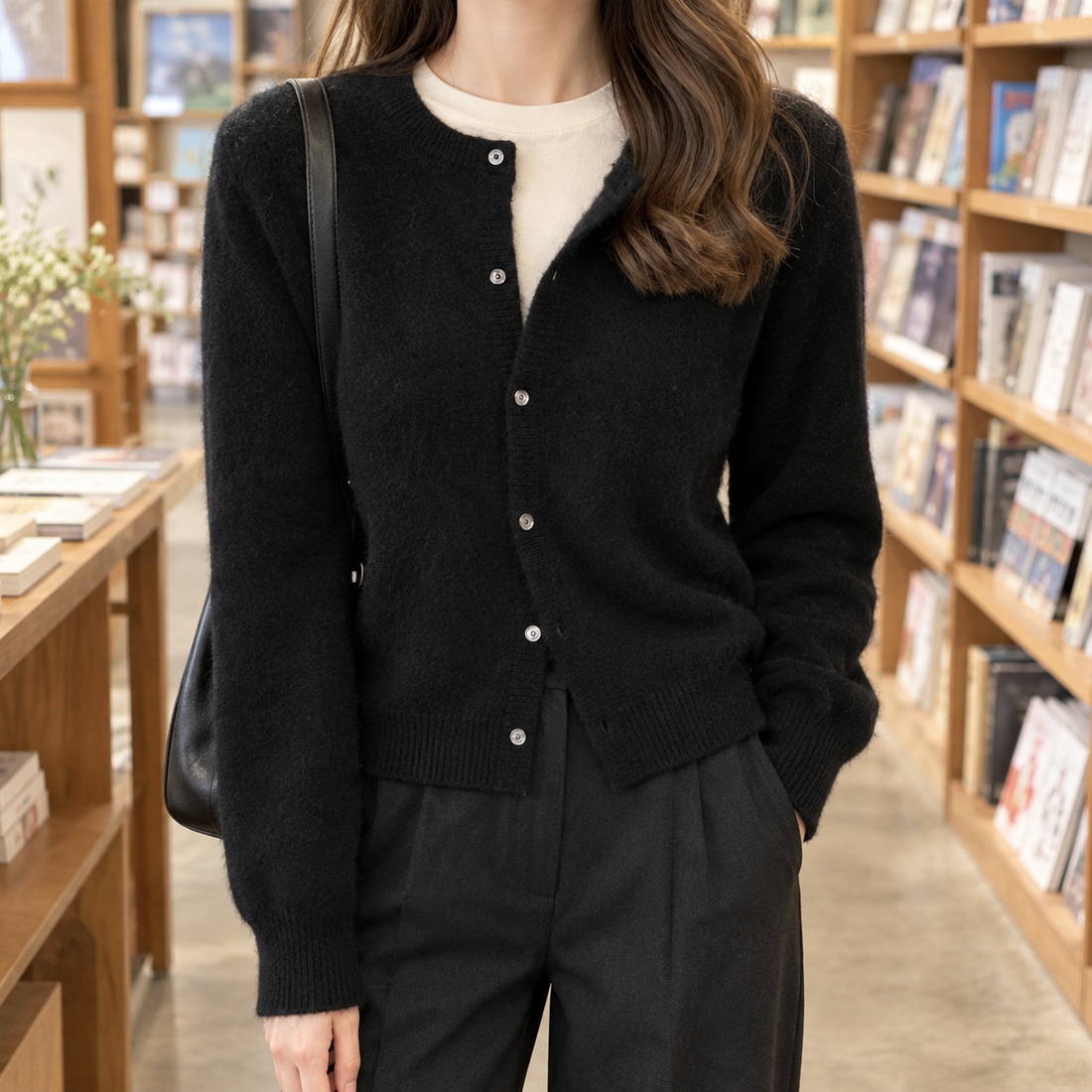 Augustine Round Neck Cardigan - Black