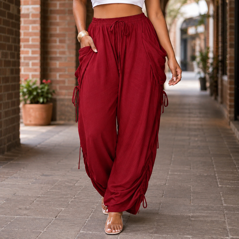 Astrid-Lane Ruched Harem Pants - Red