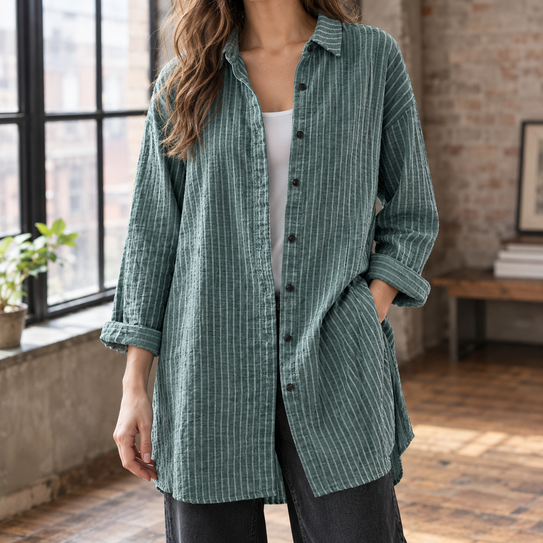 Leontine Relaxed Shirt - Teal Striped