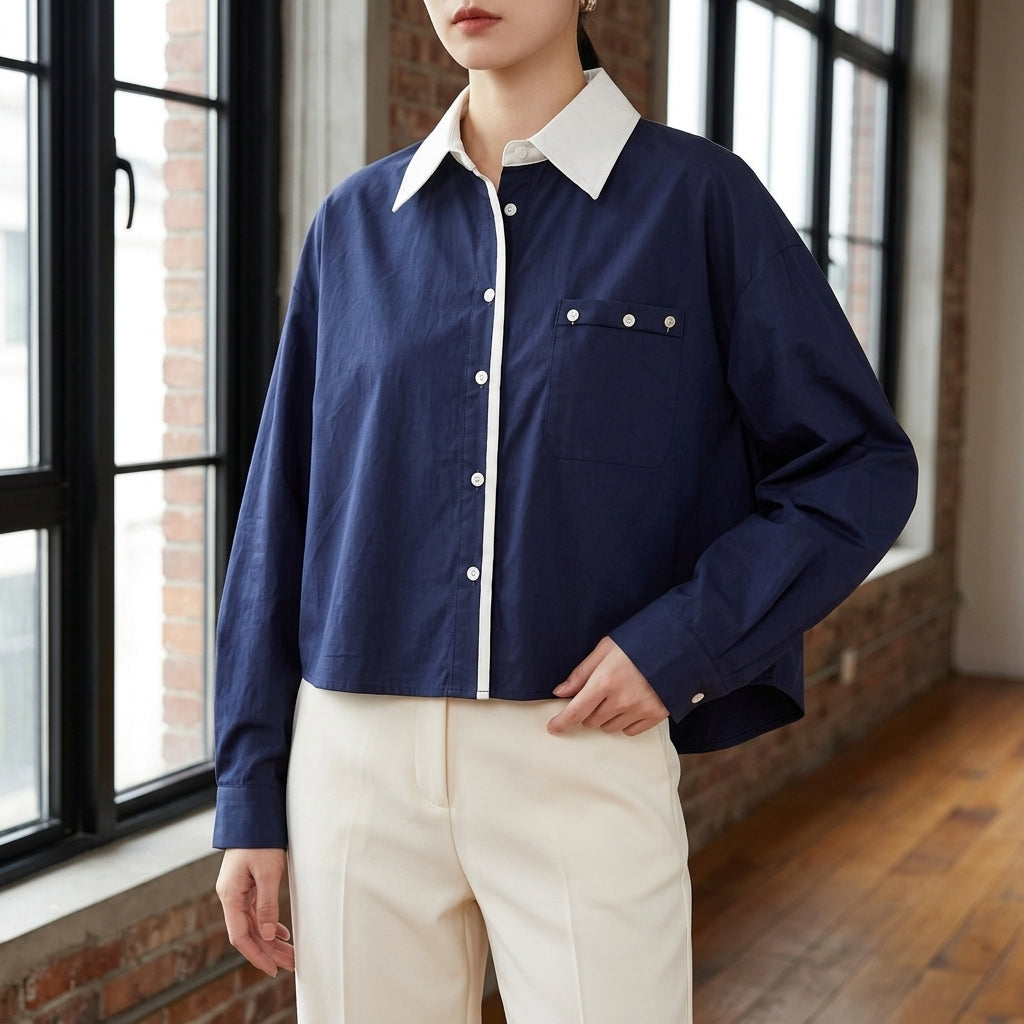 Vivienne Contrast Collar Top - Navy Blue