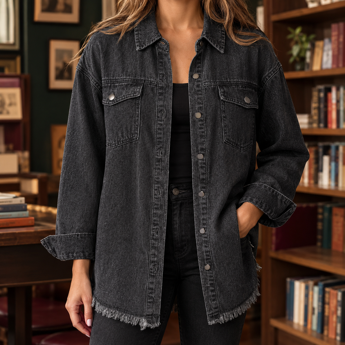 Claudia Frayed Overshirt - Black