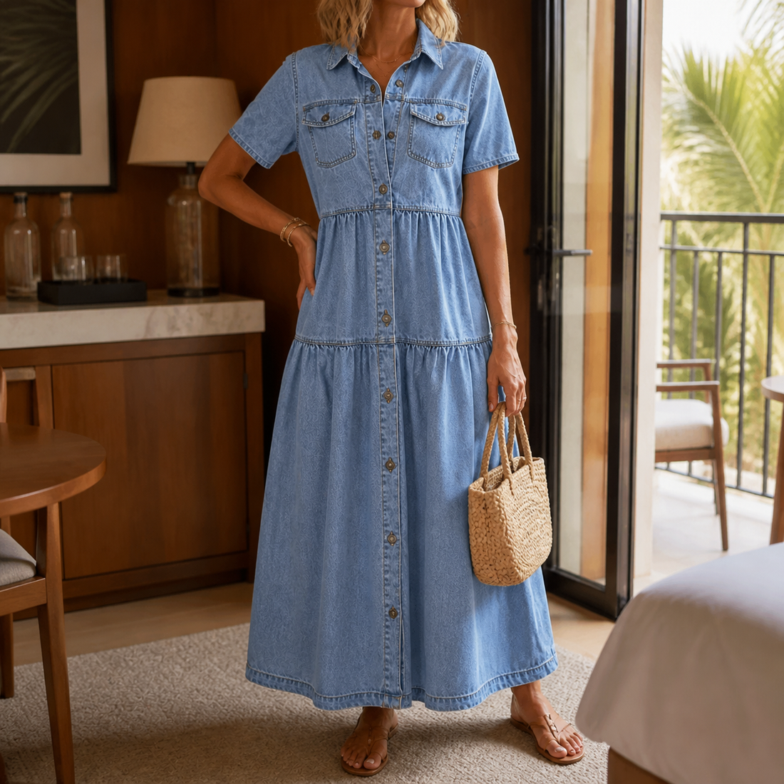 Estelle-Claire Tiered Denim Dress - Light Blue
