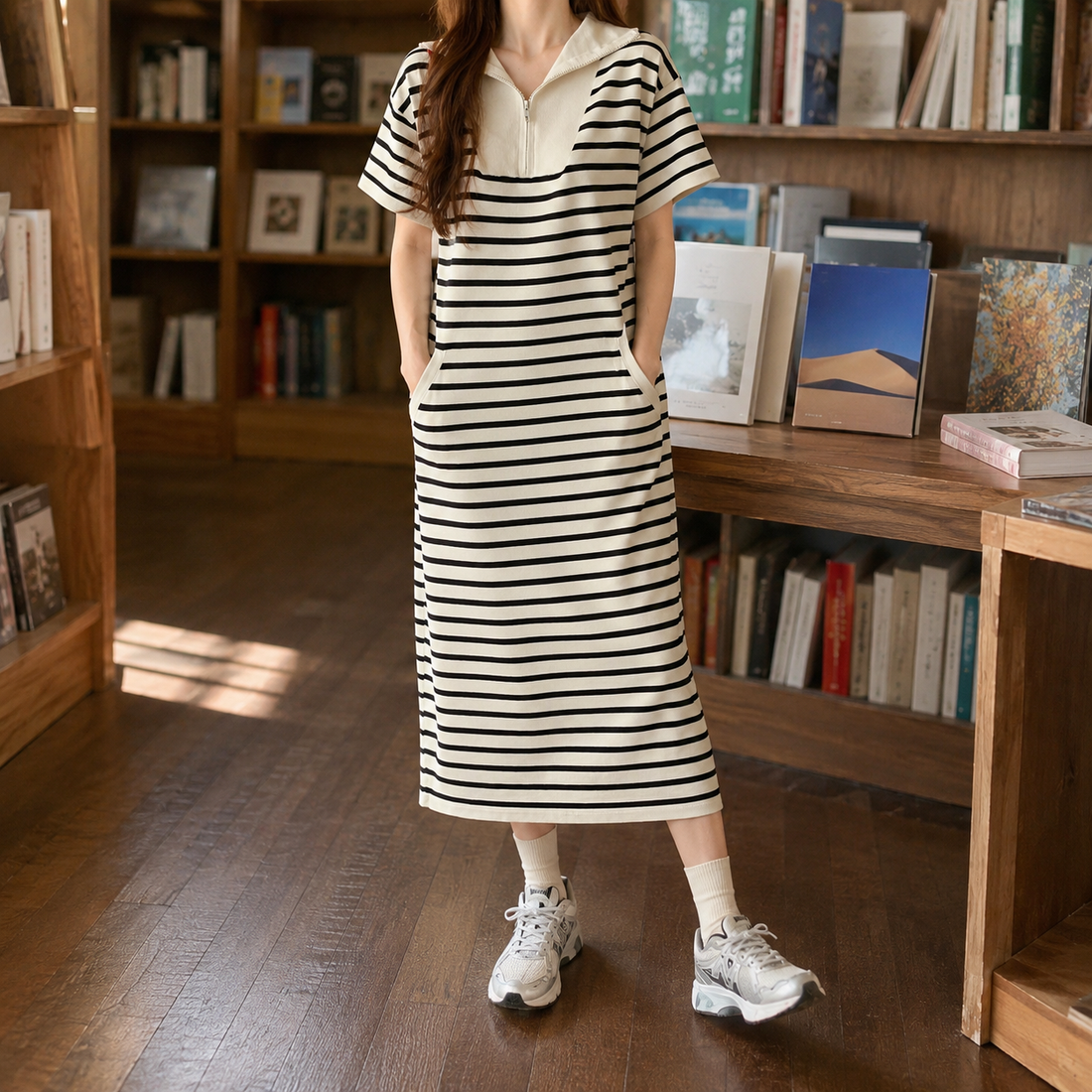 Noemie Striped Midi Dress - Cream And Black Stripe
