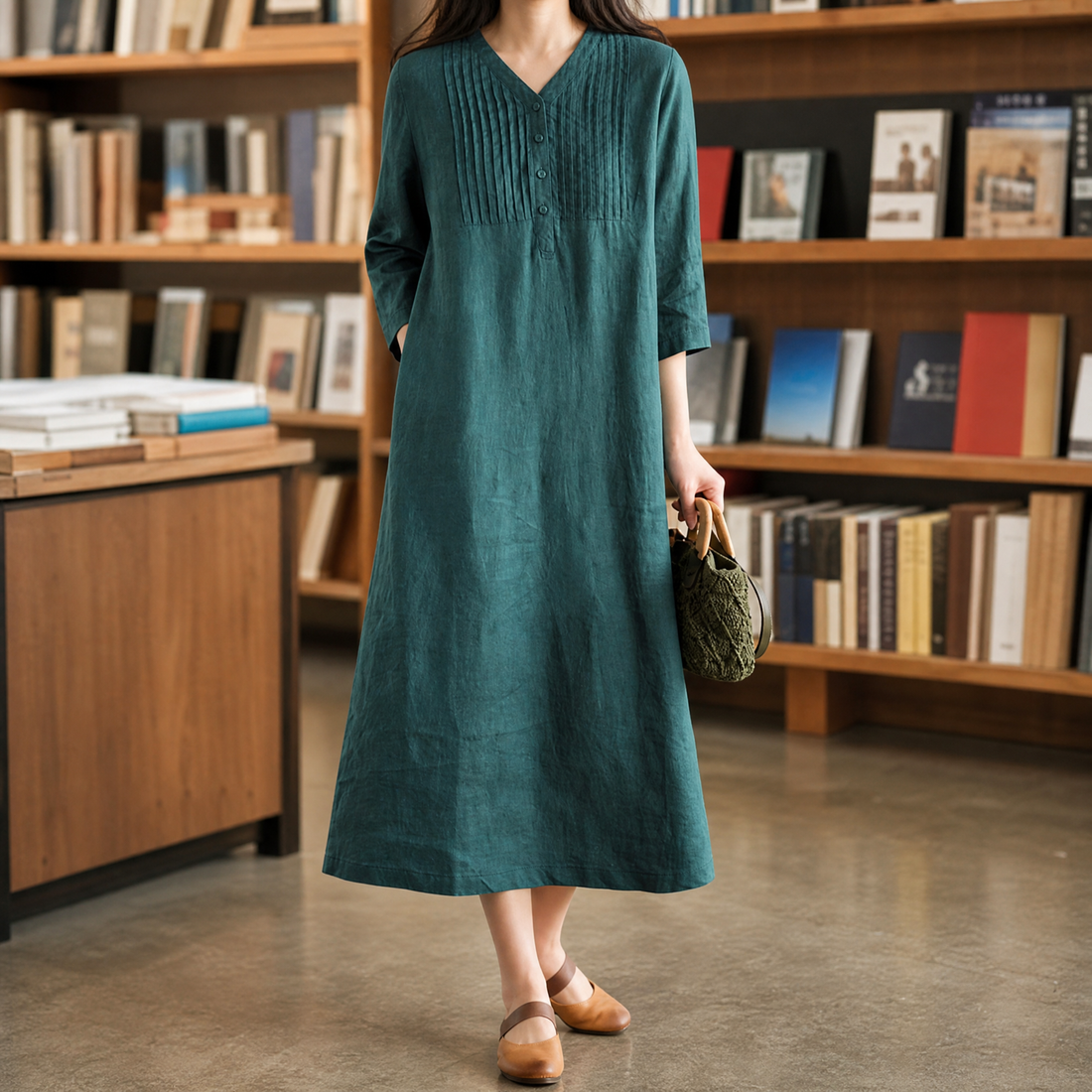 Veronique-Eve Pintuck Maxi Dress - Green