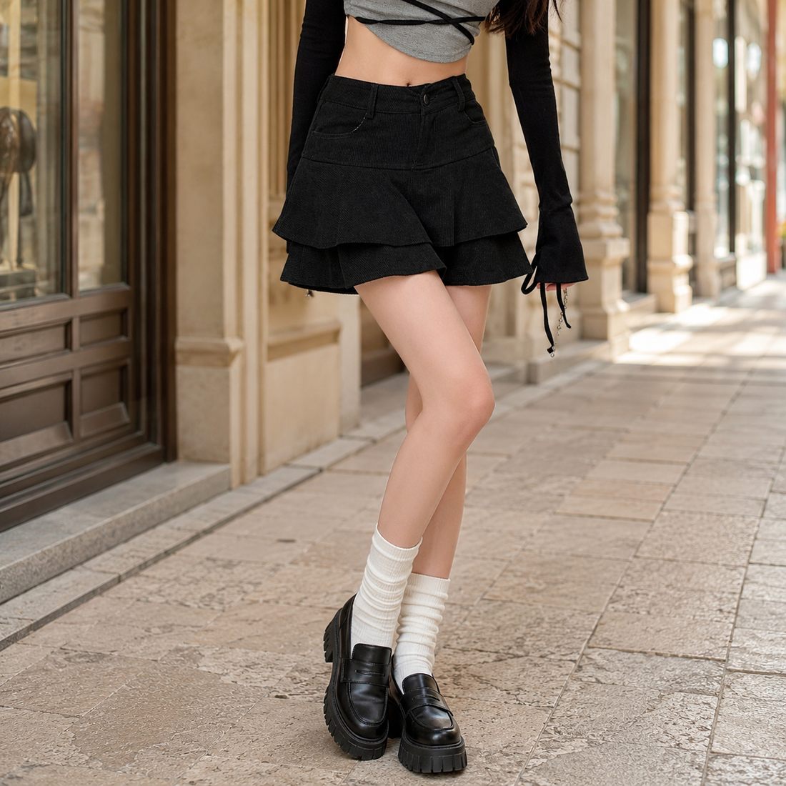Caitlin Layered Skort - Black Corduroy