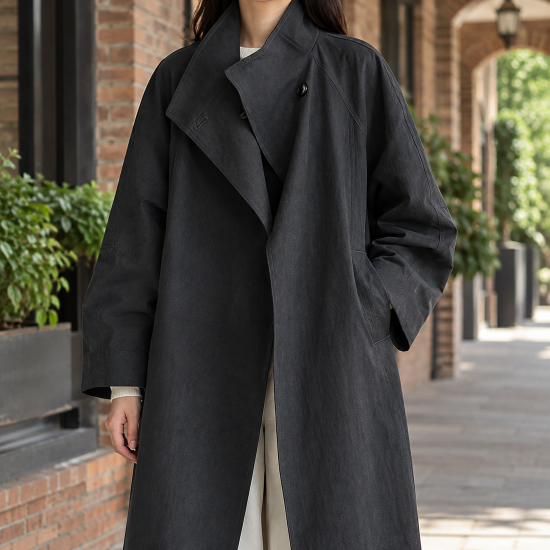 Ariadne-Claire Stand Collar Overcoat - Dark Charcoal