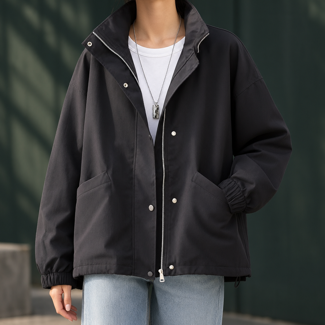 Cadence-Pearl Stand Collar Jacket - Black