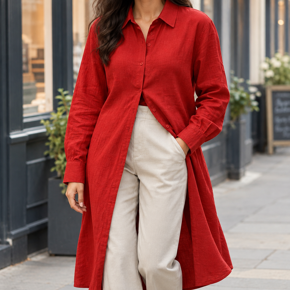 Idalia-Rose Longline Shirt - Red