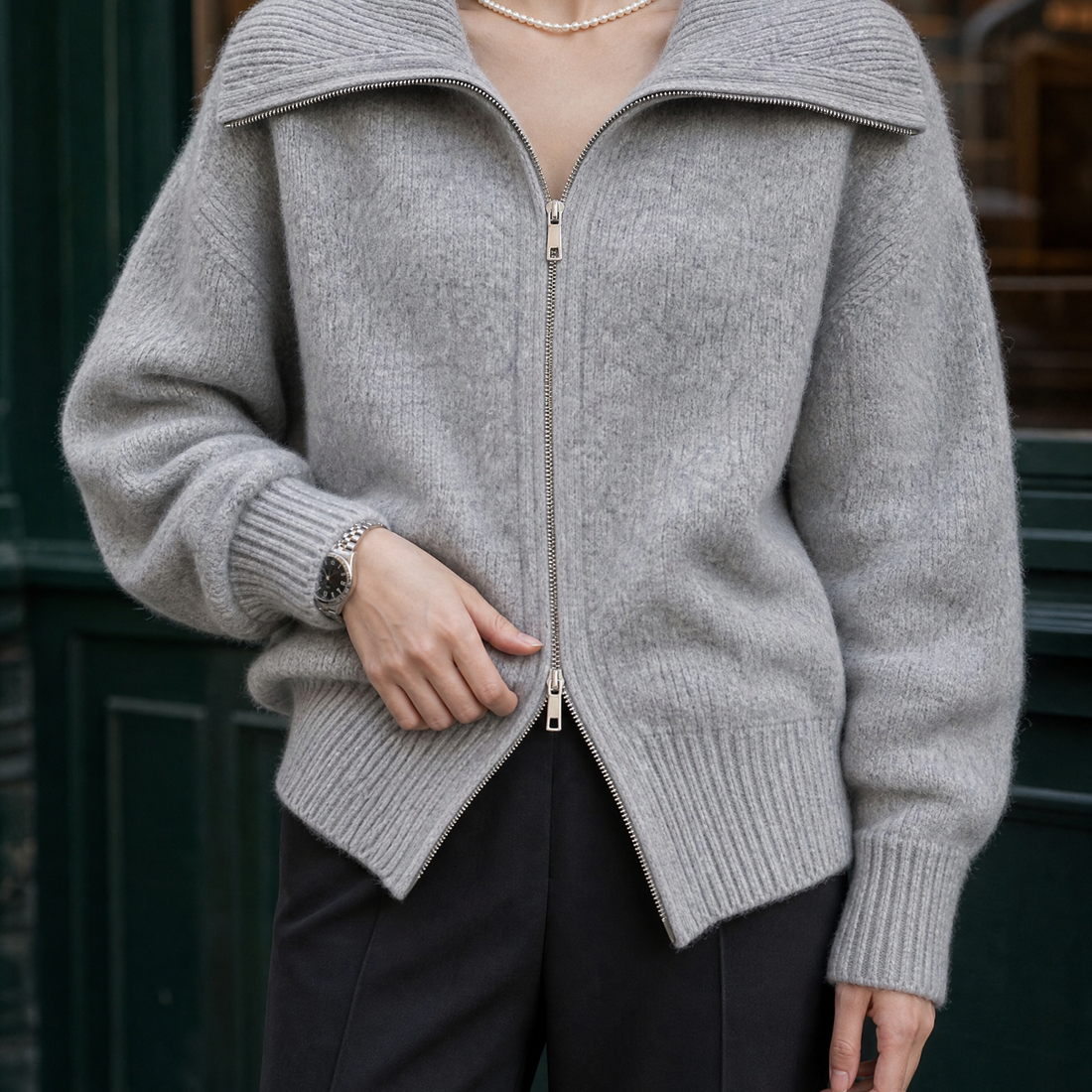 Etta-Rose Zip Collar Sweater - Gray