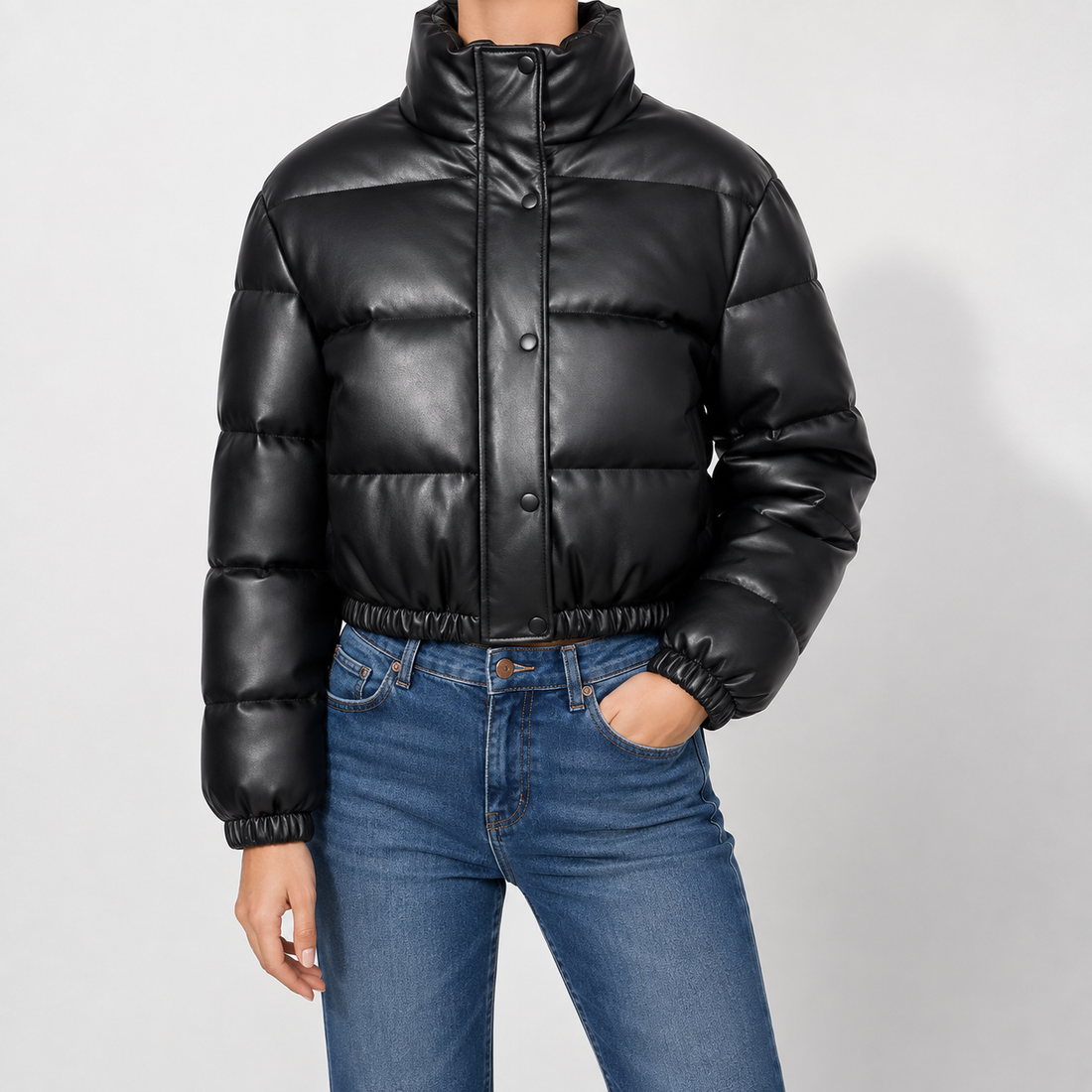 Marden Faux Leather Puffer Jacket - Black