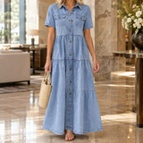 Grace-Faye Tiered Denim Dress - Light Blue