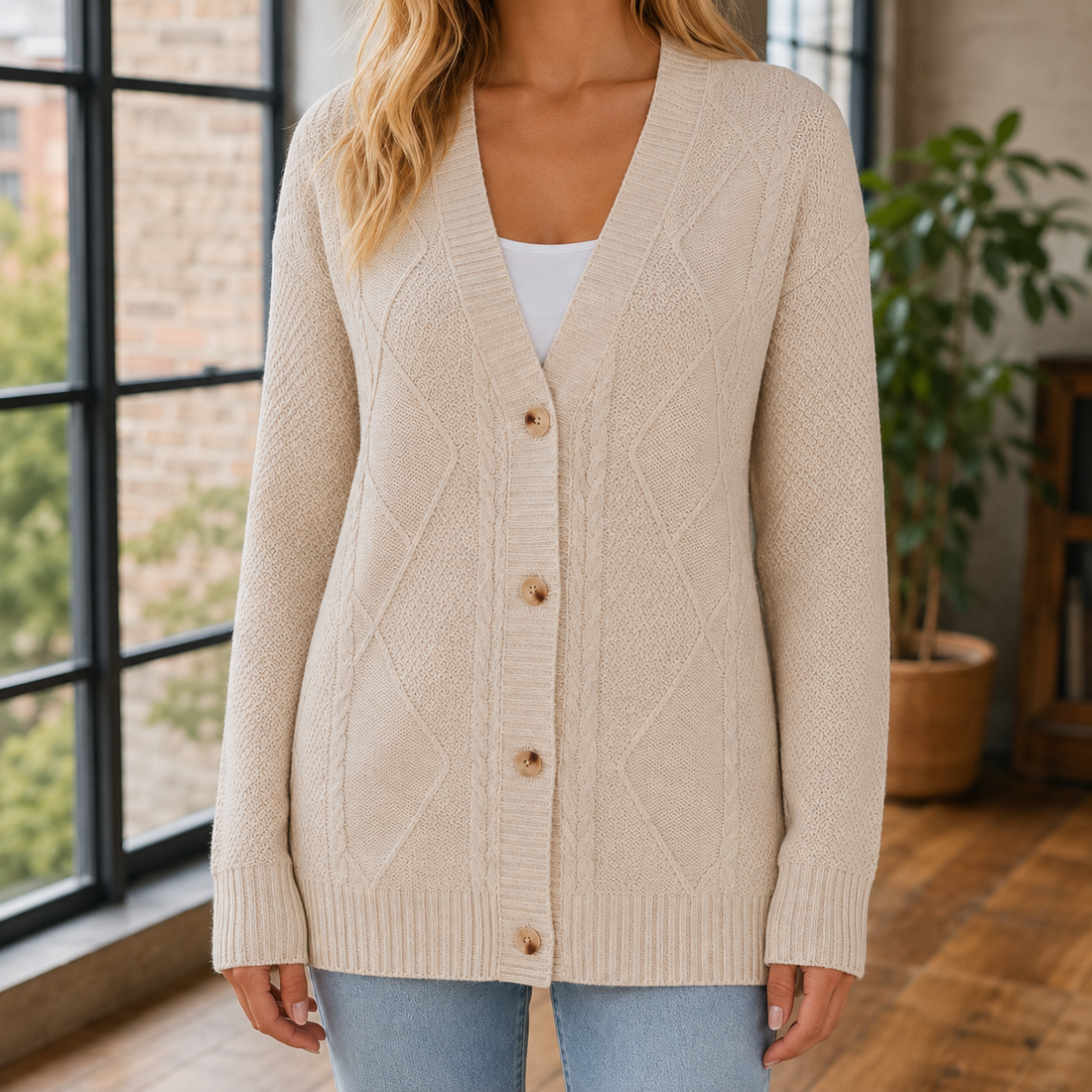 Evelina-Rae Cable Knit Sweater - Beige