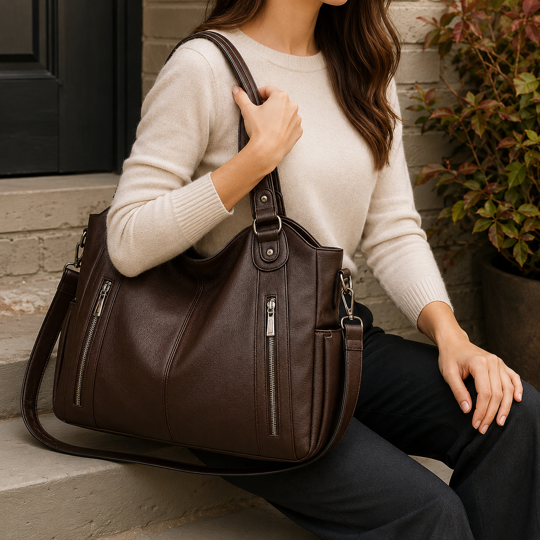 Farina Zip Pocket Tote - Brown