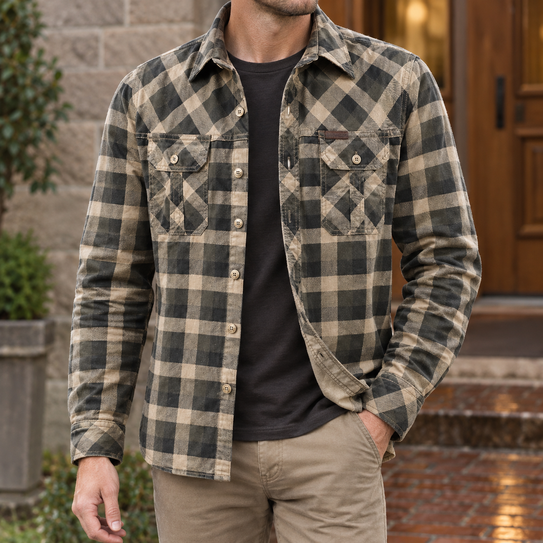 Oliver Plaid Overshirt - Khaki