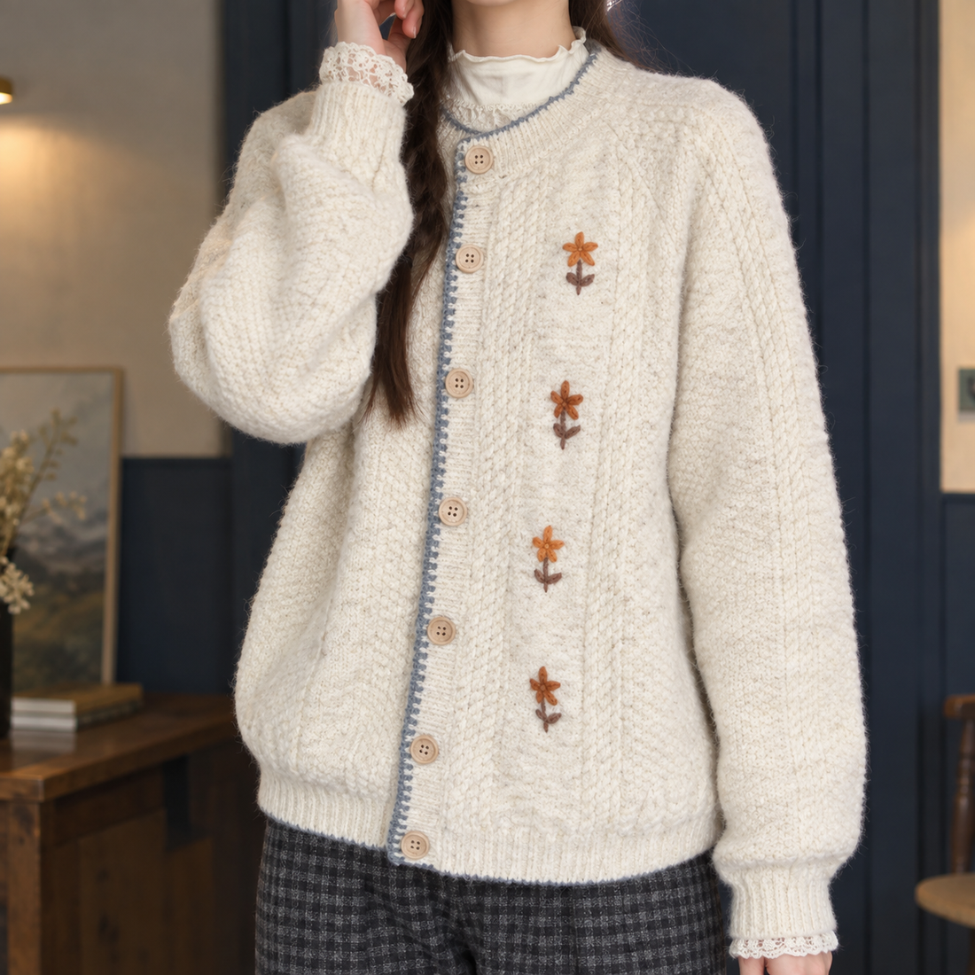 Bettina-Lane Floral Cardigan - Oatmeal Premium