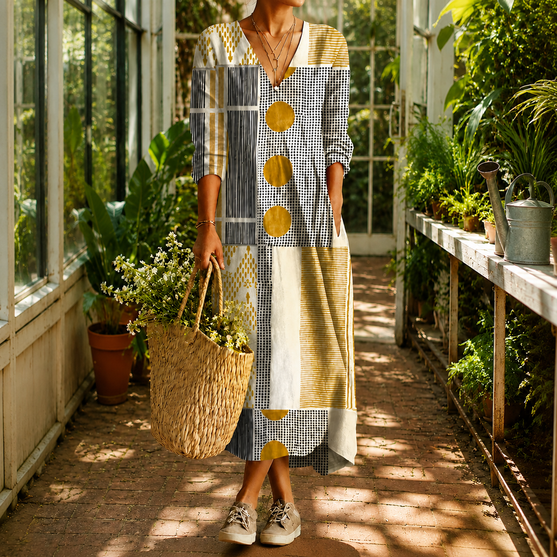 Helena-Sage Patchwork Maxi Dress - Multicolor