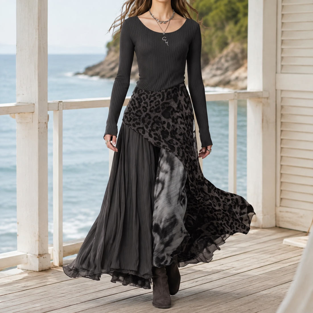 Selene-Jade Asymmetric Maxi Dress - Charcoal Leopard