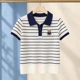 Bronwen-Grace Striped Polo Top - White and Navy Stripes