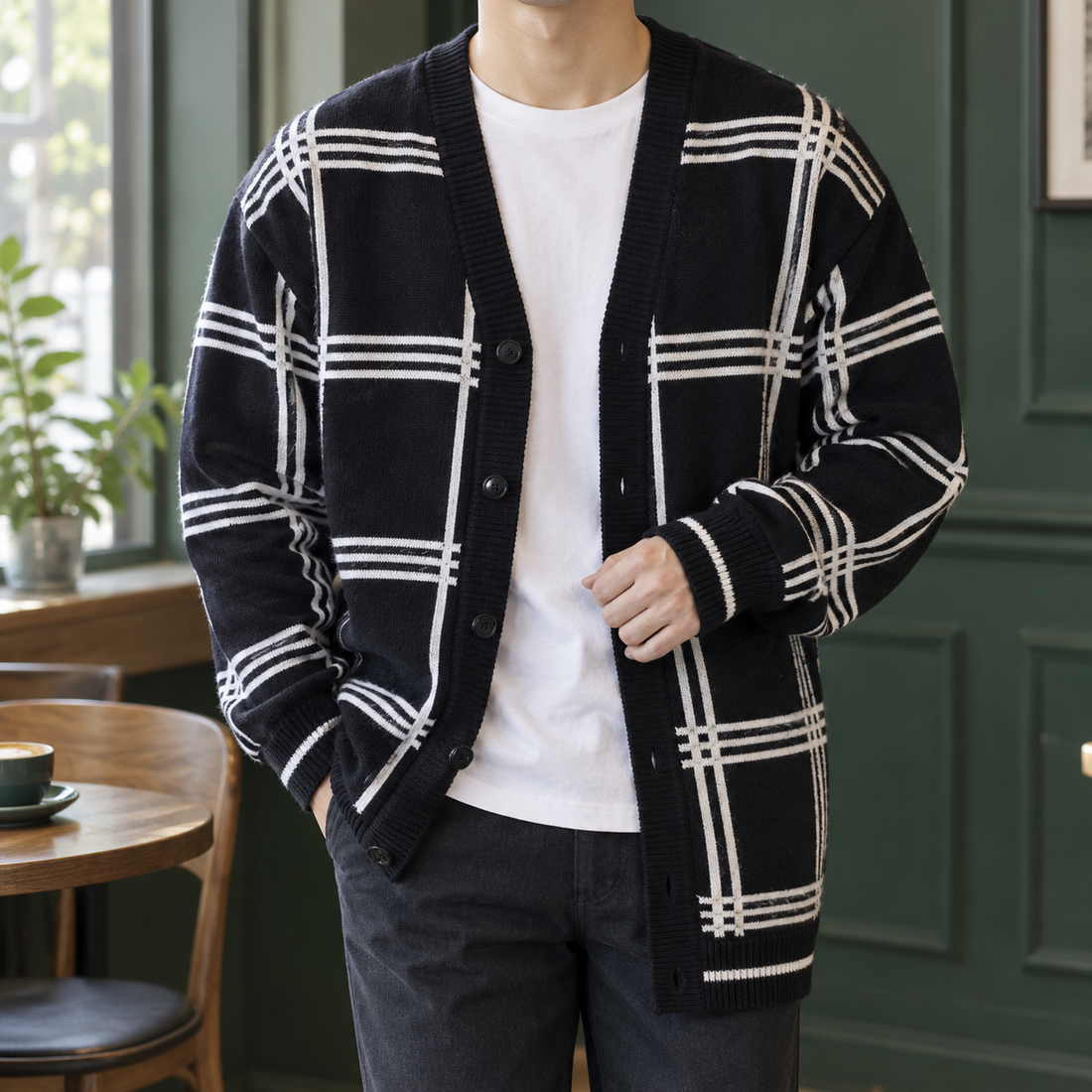 Peregrine Check Cardigan - Black White