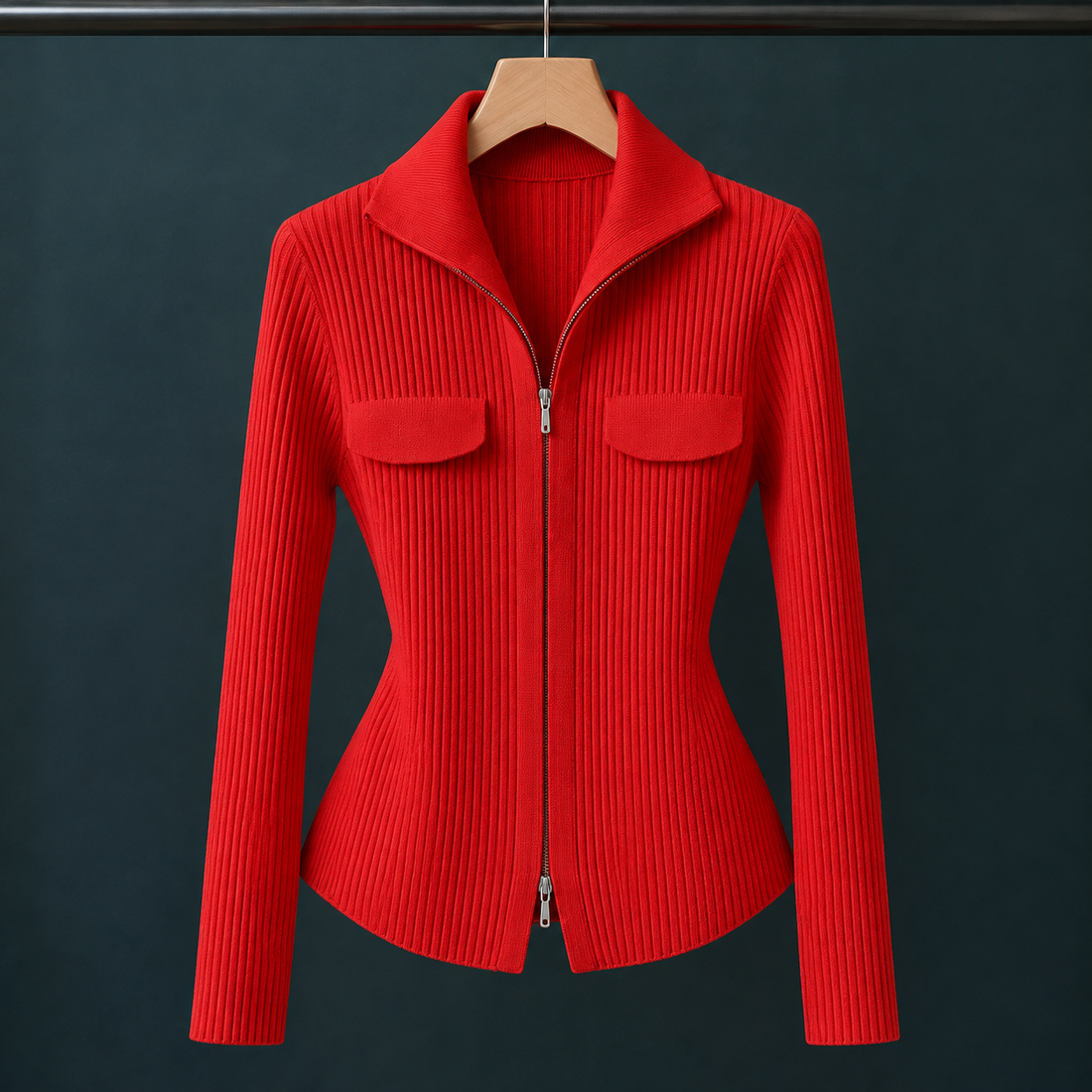 Evelina-Claire Ribbed Zip Cardigan - Red