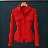Evelina-Claire Ribbed Zip Cardigan - Red