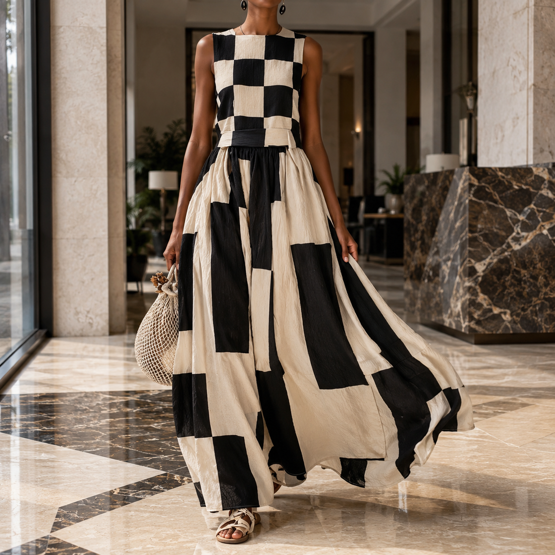 Annabel-Elise Patchwork Maxi Dress - Black & Beige