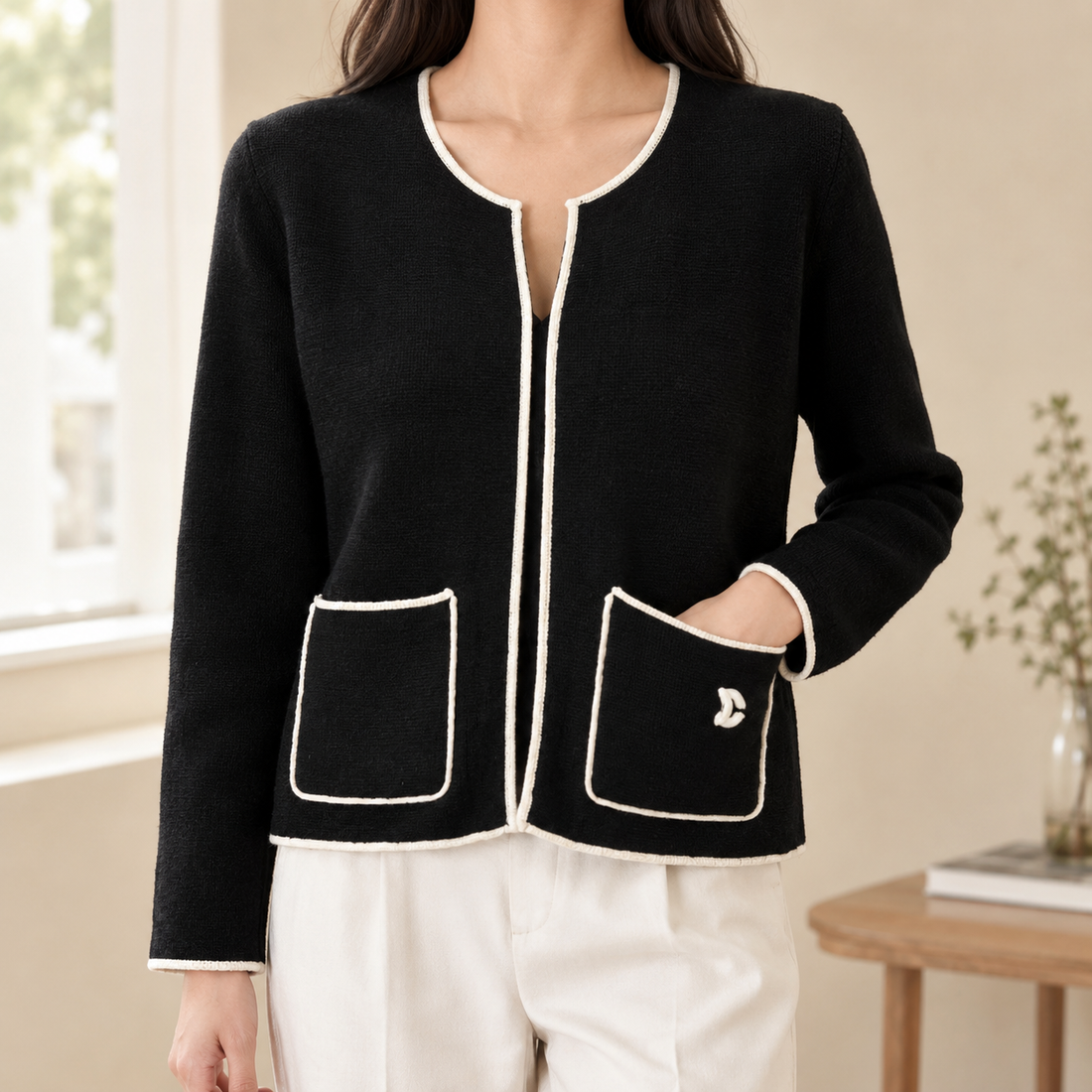 Wendy Contrast Trim Cardigan - Black