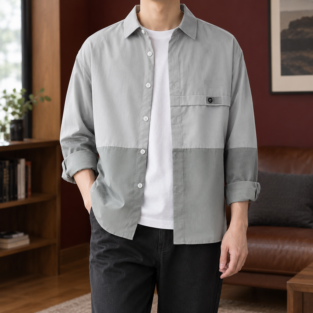 Laurence Color Block Overshirt - Gray Green