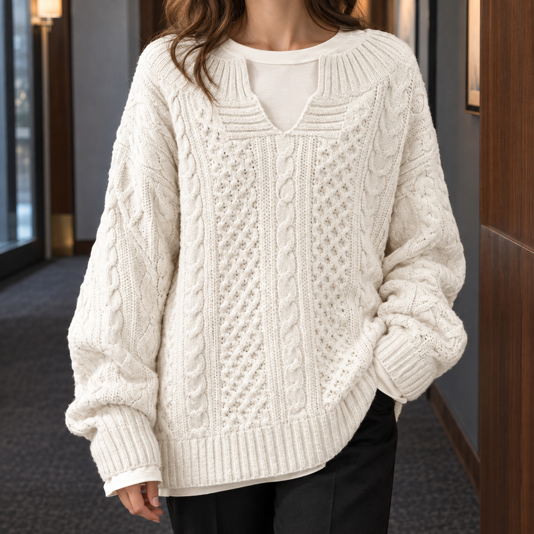 Fernanda-Pearl Cable Sweater - White