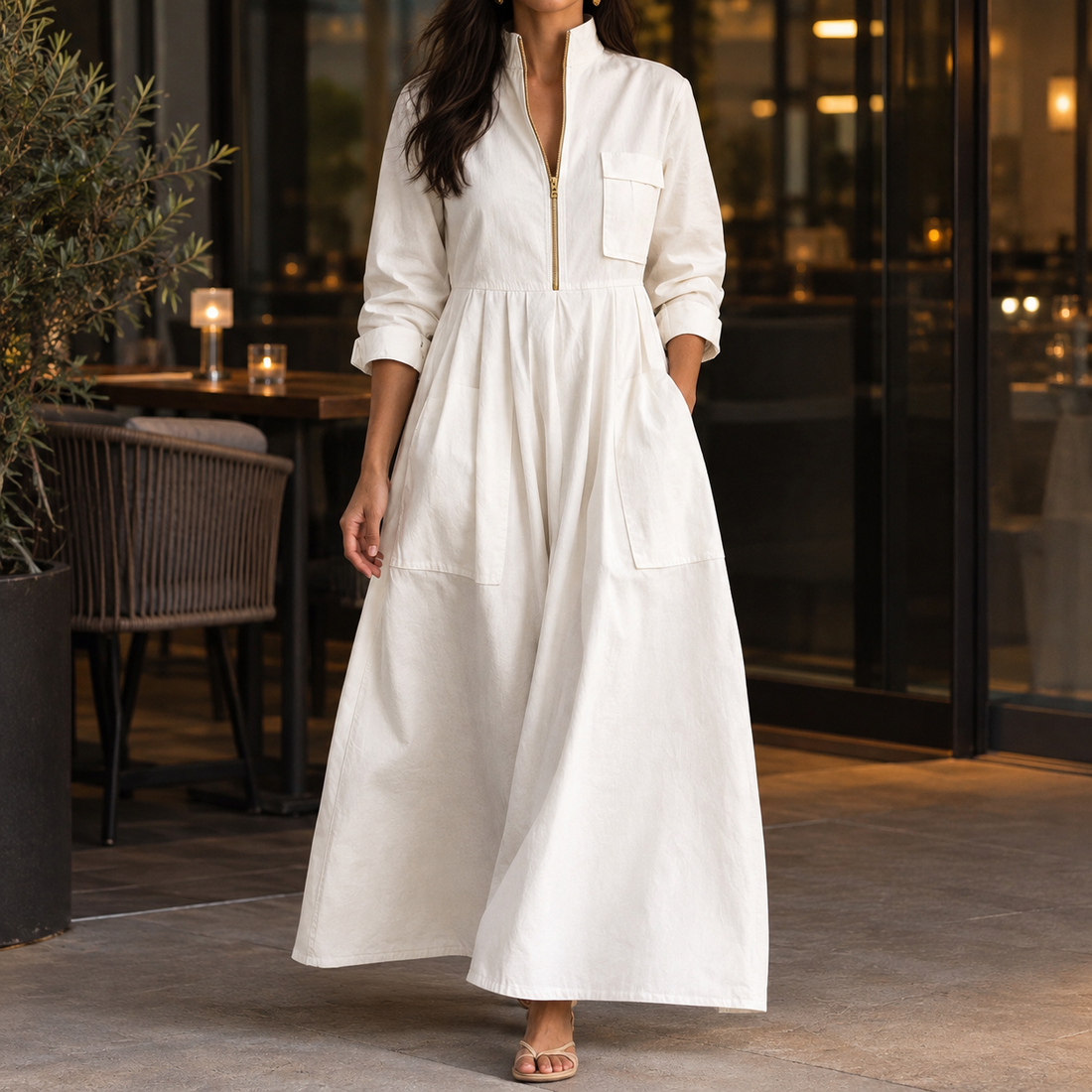 Guinevere-Hope Half-Zip Maxi Dress - White