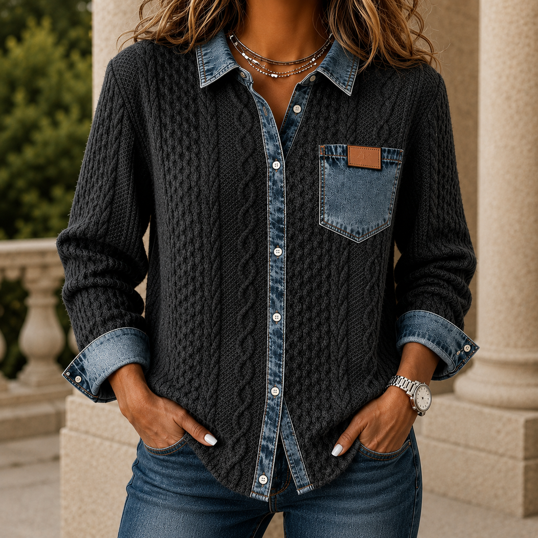 Oriana Denim Trim Shirt - Dark Blue