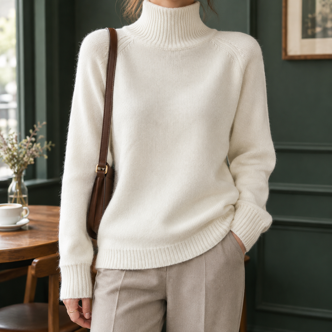 Rosalind-Pearl Ribbed Turtleneck Sweater - White