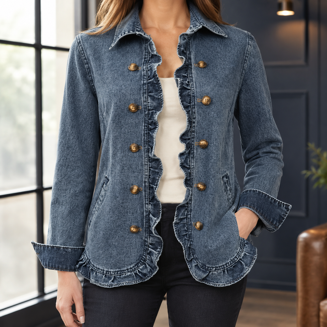 Arwen-Hope Ruffled Denim Jacket - Blue Denim