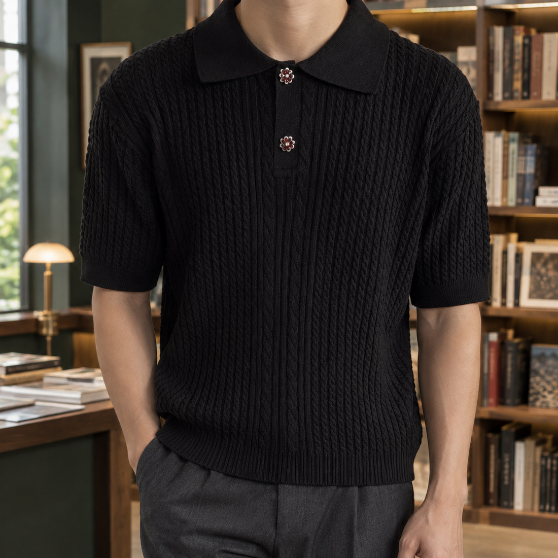 Austin Cable-Knit Polo - Black