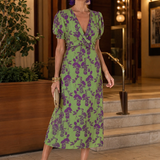 Lucille-Jane Twist Front Dress - Green/purple