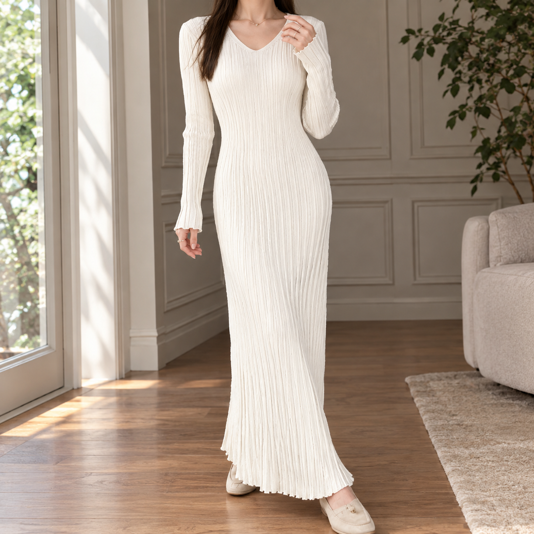 Ramona-Lane Pleated Maxi Dress - Off White