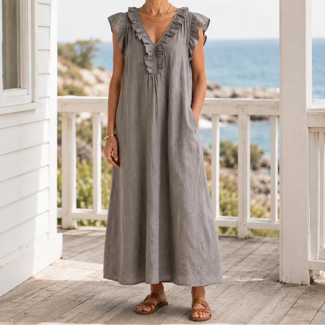 Carmen-Eve Ruffle Maxi Dress - Gray