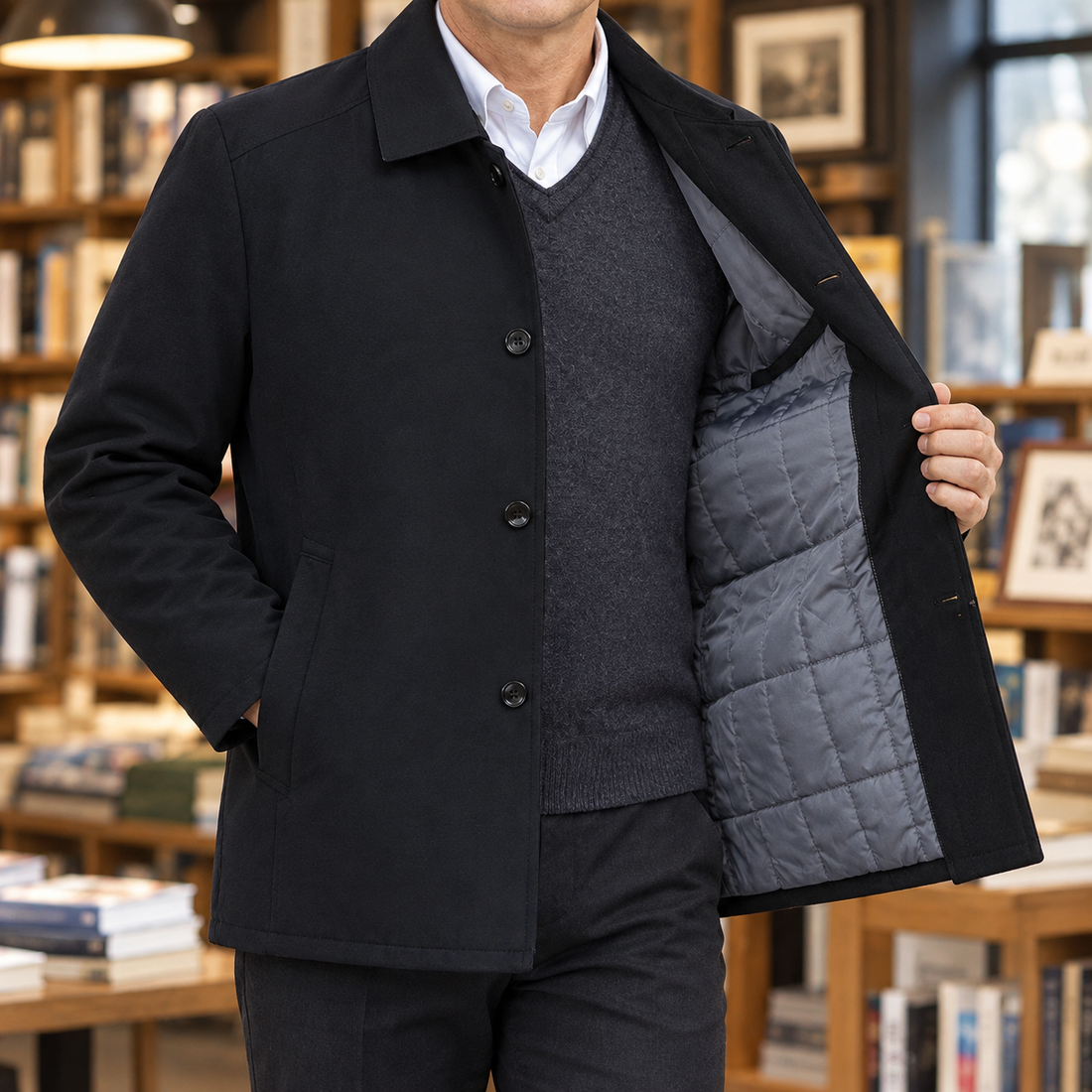 Eldric Quilted Jacket - Black (Button, thick Quilted)