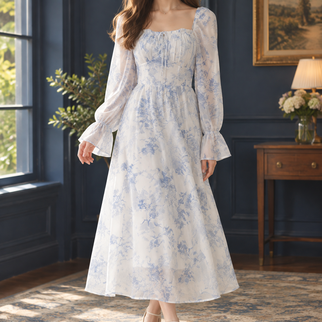 Mireille-Pearl Floral Midi Dress - White And Blue Floral