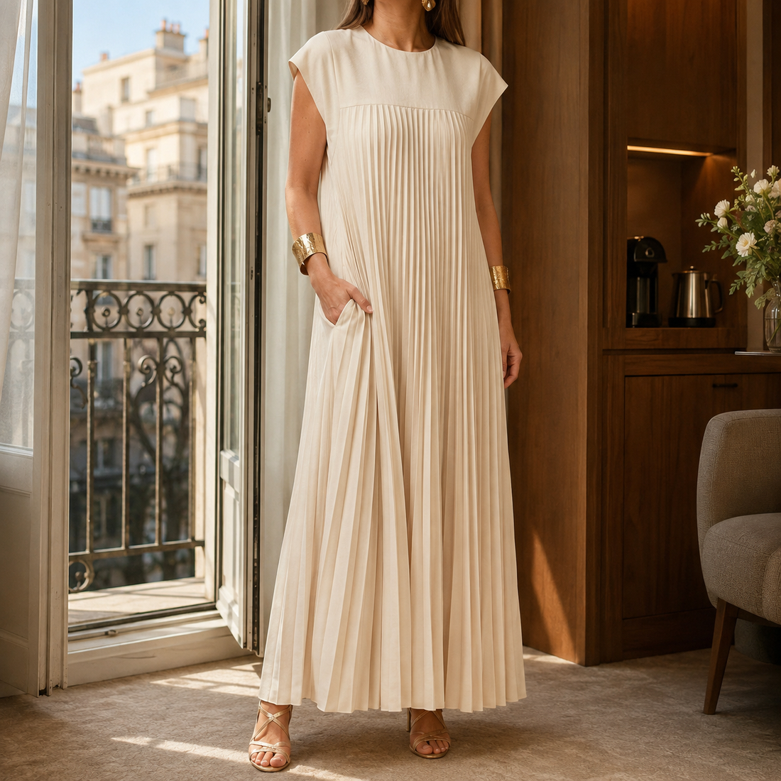 Willa Pleated Maxi Dress - Beige