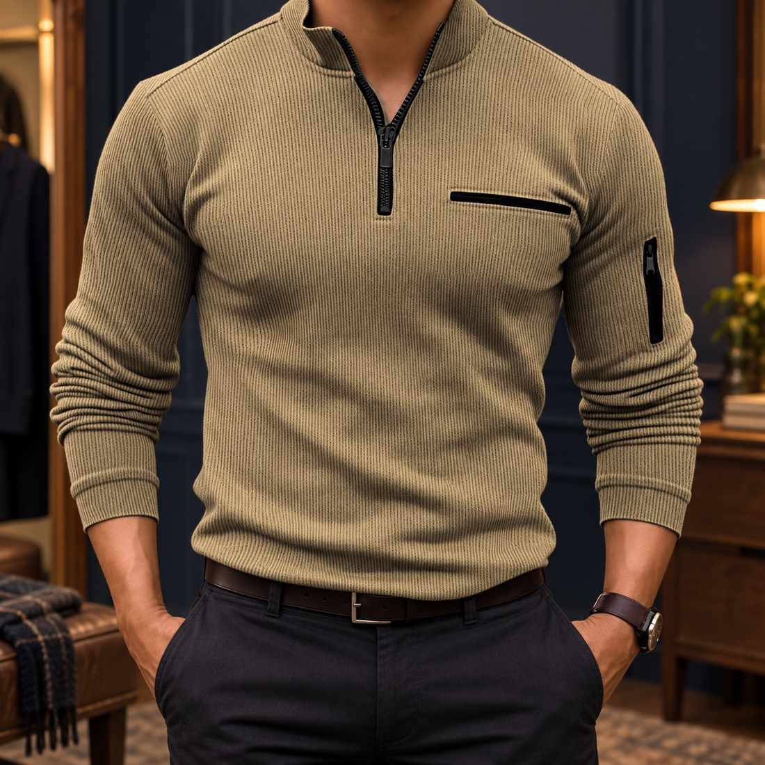 Blake Quarter-Zip Top - Stripe-khaki