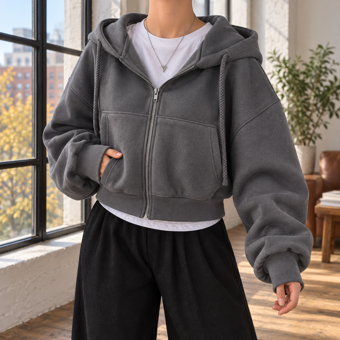 Hazel-Rae Cropped Zip Hoodie - Dark Gray