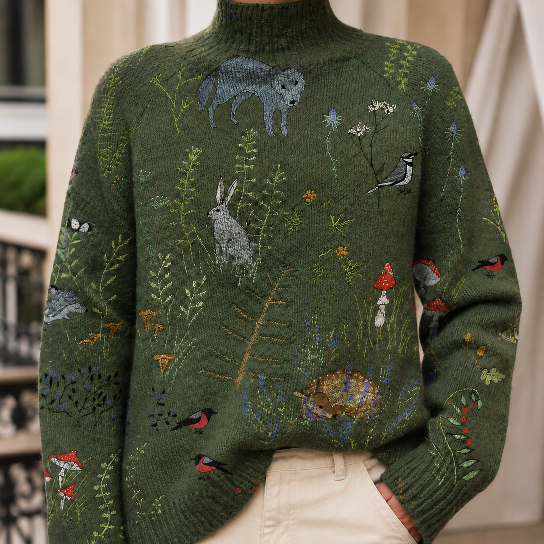 Wesley Patterned Turtleneck Sweater - Forest Green Woodland